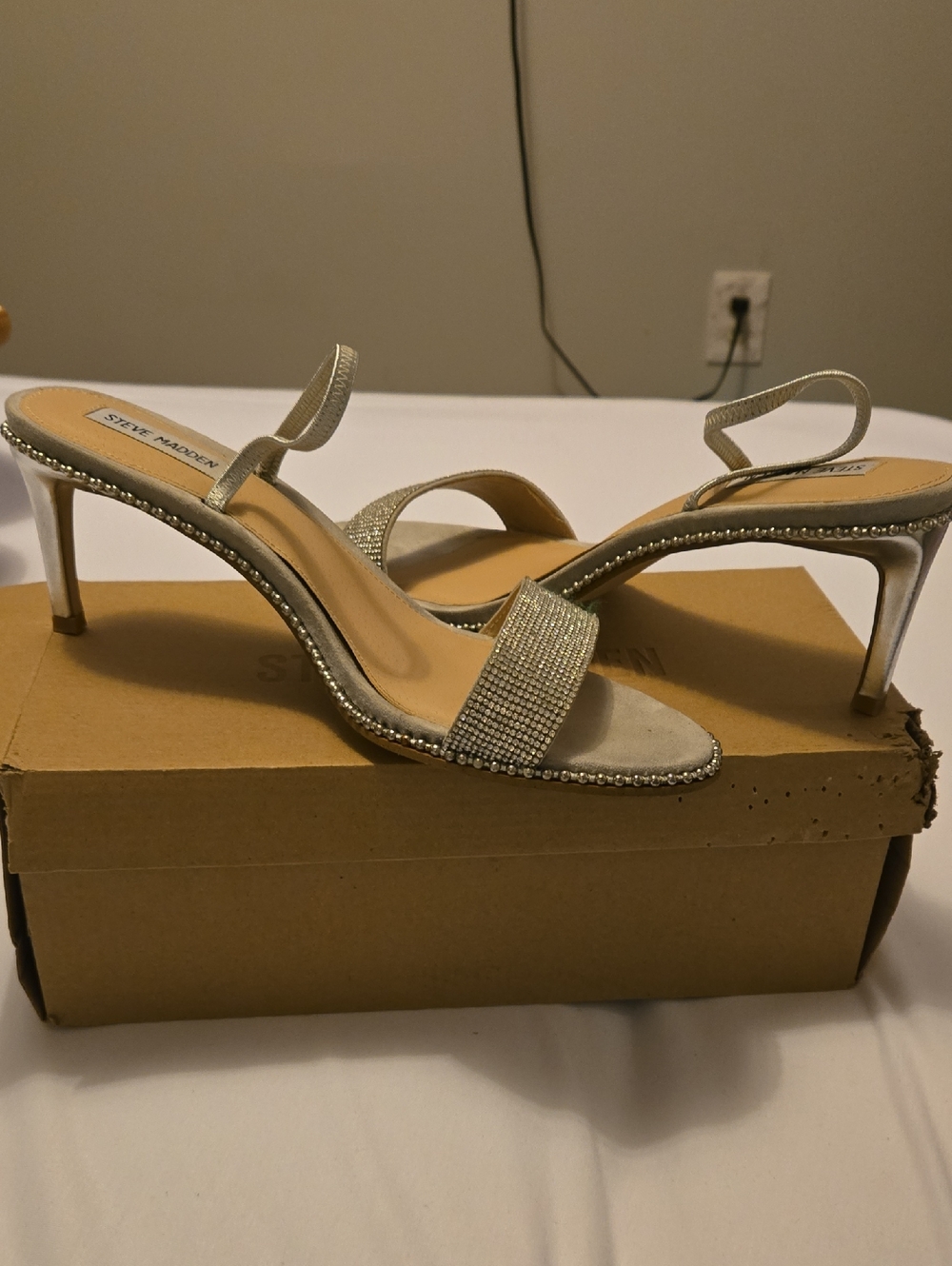 Steve Madden Silver Rhinestone Strap Mid-Heel Sandals